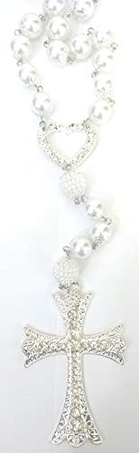 Terço Noiva Banho De Prata Perolas Brancas Pingente Coração