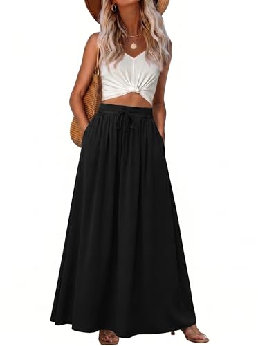 Image of GRECERELLE Womens Summer Long Skirts Ladies Casual Maxi Drawstring Elastic A-Line High Waist Boho Skirt with Pockets for Women UK (Black, XXL)