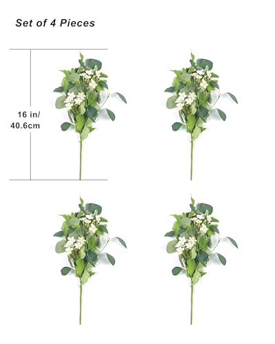 4 PCS 16" Artificial Plants Flowers Indoor Eucalyptus Greenery Stems White Cherry Blossom Branches for Vase Faux Spring Home Decor Centerpiece Decoration - Image 4