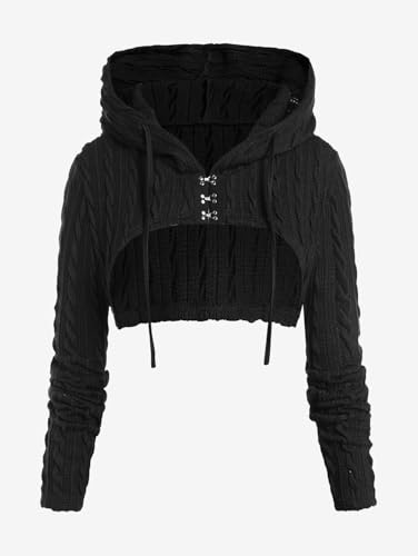 ROSE GAL Women Lace Trim Ruched Cami Tank Top and Hooded Hook Eye Cable Knit Cropped Shrug Sweater4