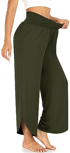Image of TARSE Women's Wide Leg Yoga Pants Cross High Waist Flowy Split with Pockets | Comfy Lightweight Stretch, Flare Hem Cropped, Loose Dance Pants, Travel & Lounge, Everyday Casual Wear