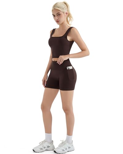 SUUKSESS Women 2 Piece Workout Sets Hidden Scrunch Butt Lifting Biker Shorts Square Neck Tank Tops4