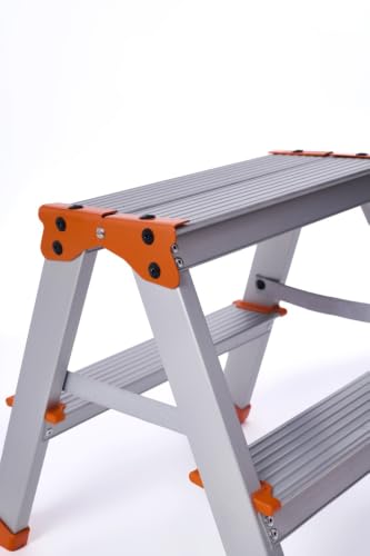 Image of ELEVATE Nova Aluminium 2-Step Ladder, Orange, 47 x 39 cm, Foldable Lightweight Household Ladder, 150 kg Load Capacity