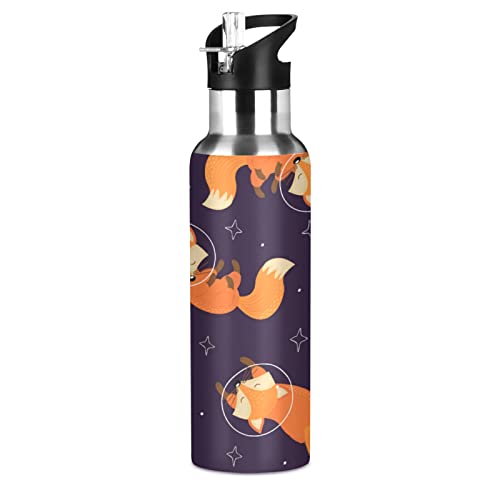 Space Cute Fox Botella de agua con pajita Animal Star de acero inoxidable con aislamiento al vac韔, botella a prueba de fugas, botella de agua para ni駉s, tazas t閞micas para viajes, deporte, gimnasio,