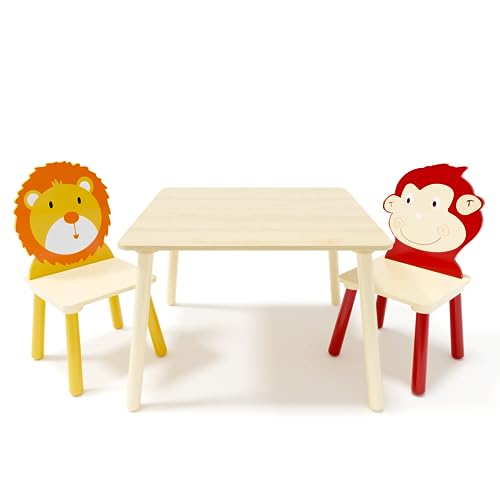 Image of Wood Table & Chairs 3 Pieces Set, Boys Girls Activity Table w / 2 Animal Shaped Chairs, Solid Wood Legs, Safe Rounded Corners, Playroom Furniture for Boys & Girls Activity Dining Drawing Craft.