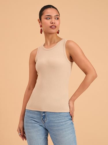 Image of barcino Beige Ribbed Round Neck Tank Top