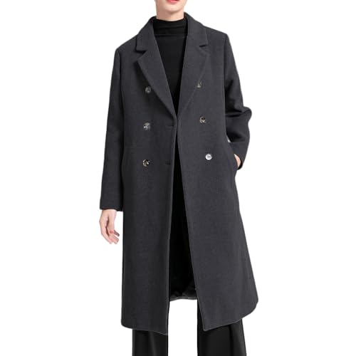 FTCayanz Damen Wintermantel Lang Wollmantel Trenchcoat Klassischer Zweireihiger Reversmantel Winterjacke Knie-Länge Schwarz M