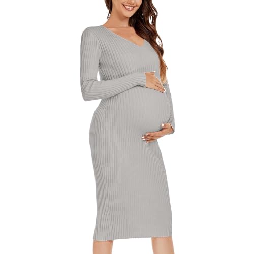 Foweknow Vestido de maternidad para mujer, manga larga, cuello en V, punto elástico, jersey para embarazadas, vestido de Navidad, vestido de graduación, vestido de maternidad, vestido de invierno,