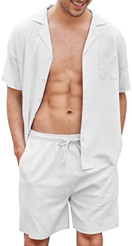 COOFANDY Linen Sets for Men 2 Piece Short Set Vacation Outfits Summer Beach Wear White