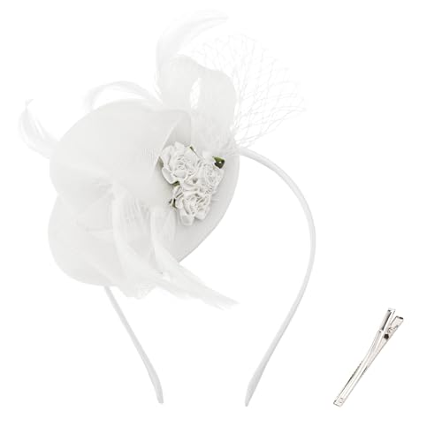 AMCAMI Fascinators Hats for Women Girls 2026 Derby Hats Tea Party Hat with Headband and Clip White