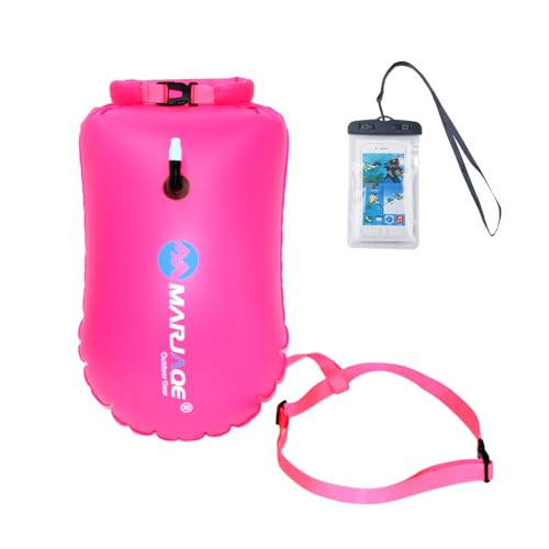 Esoes Bolsa seca de boya de natación con funda para teléfono y correa ajustable, impermeable, inflable, 20 L, para agua abierta, kayak, canoa, pesca, rafting, rojo rosa, moderno