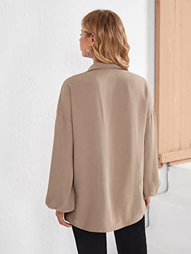 Makemechic Women's Maternity Shirts Casual Lantern Sleeve Button Down Shirt Blouse With Belt Mocha Brown M #TOP1
