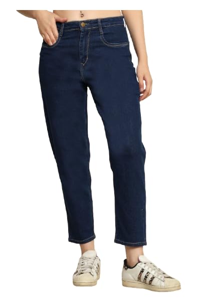 zayla Denim Mom Fit Jeans for Girls & Women I Stretchable Full-Length Pant I Clean Solid High Waist Loose Fit Pants I Stylish & Trendy Look for Office Party Home-picture-27