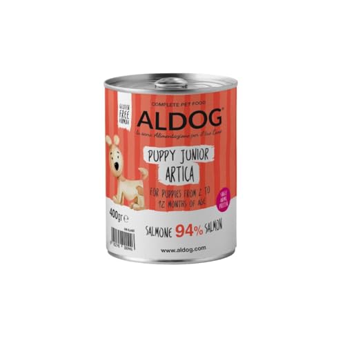 Puppy Aldog húmedo perro sabor salmón, paté para perros cachorros de todos los tamaños y razas, alimento completo para perros cachorros | 6 latas de 400 gramos cada una.