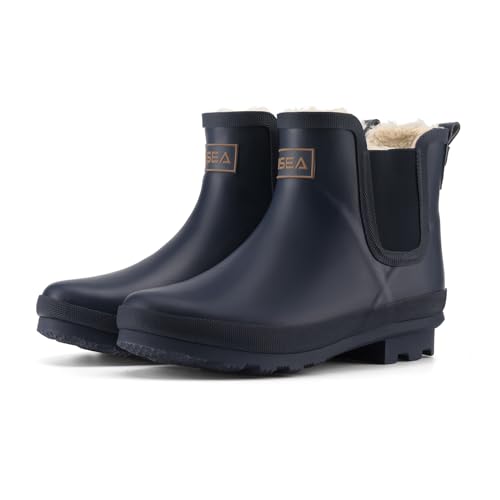 HISEA Women's Plush Rain Boots Waterproof, Chelsea Rubber Booties Women, Ladies Ankle Snow Boots for Winter Spring Garden Outdoor, Navy Blue Size 6