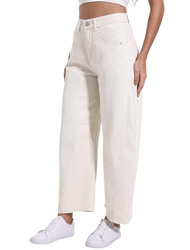 Women's Mid Elastic Waist Wide Leg Barrel Jeans Cropped Denim Pants Comfortable Boyfriend Jeans with Pockets3