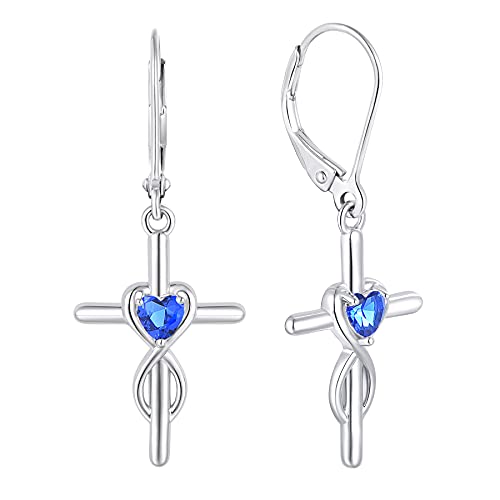 JO WISDOM Boucles d'oreilles Infini Croix en Argent 925/1000 Dormeuse pour Femme avec 3A Oxyde de Zirconium Pierre de naissance de septembre Couleur Saphir