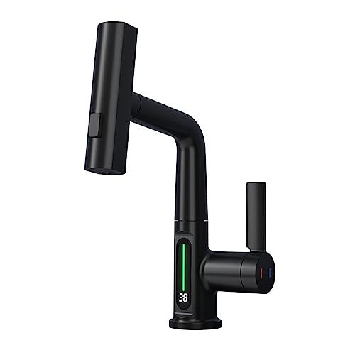 Grifos de baño con pantalla temperatura, grifo cocina tipo cascada elevable rociador extraíble, grifos monomando for fregadero o 1 orificio