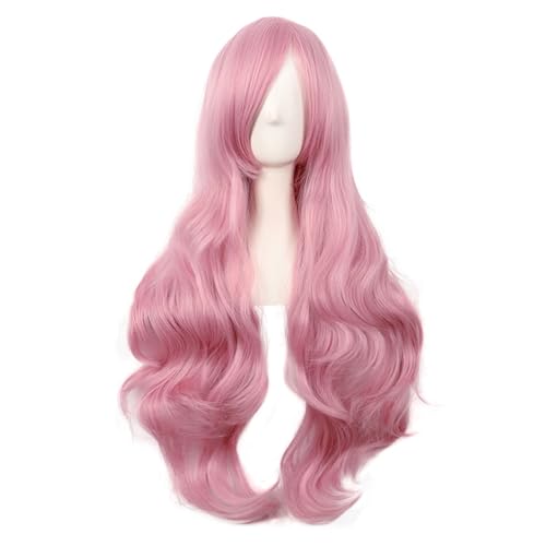 Perruque longue bouclée rose 80cm aspect naturel pour changer de style