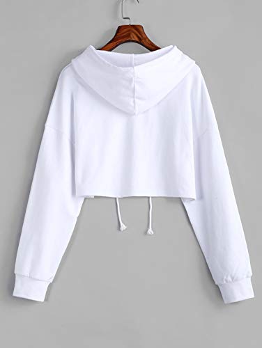 ZAFUL Cropped Hoodie American Flag NASA Logo Print Sweatshirt Drawstring Women Crop Pullover White-Hoodie M