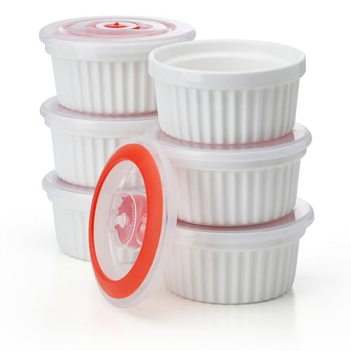 Sweese 6-Pack 8 oz Porcelain Ramekins with Lids, White Souffle Dishes for Baking, Creme Brulee Cups, Oven-Friendly Pudding Custard Bowls – Versatile Kitchen Essentials for Baking and Storing