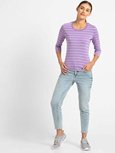 Image of Jockey 1360 Women's Super Combed Cotton Elastane Stretch Slim Fit Striped Round Neck Three Quarter Sleeve T-Shirt