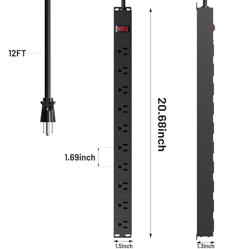 Image of 10 Outlet Metal Power Strip with 12Ft /125V /15A Long Extension Cord Black Heavy Duty Power Strip for Kitchen,Office,School,Commercial,Workshop,Industrial,ETL Certified and Listed,Black(12FT)