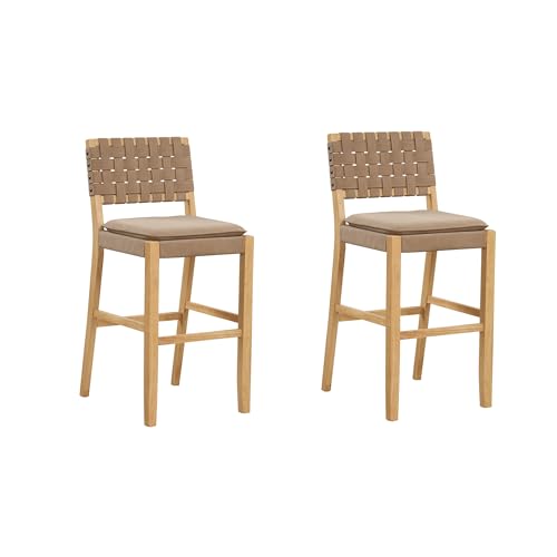 Image of Nathan James Cohen Mid-Century Modern 29 in. Wood Bar Stool, Upholstered Faux Suede Bar Height Stool with Solid Wood Frame, Natural Brown, Set of 2