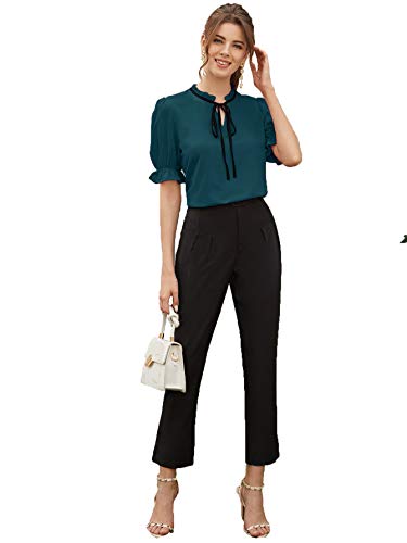 Image of Stylistico Soft Polyester Formal Stylish tie-up Office Solid Western Summer Short v-Neck Casual Plain Puff Half Sleeves Tops for Women Latest
