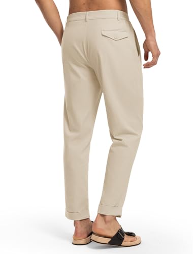 Rdruko Men's Slim Fit Cotton Linen Pants Lightweight Casual Pants Elastic Waist Summer Beach Pants with Pockets, Light Khaki, 2XL2