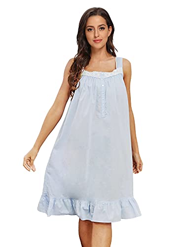 Cotton Nightgowns for Women Sleeveless Victorian Nightgown Lightweight Comfy Night Dress Sleepwear Cute Nighty Lounge Dress Nightshirt Light Blue L