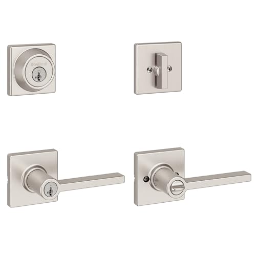 Image of Kwikset Casey Front Door Lock Handle and Deadbolt Set, Satin Nickel | Square Keyed Entry, Single Cylinder Combo Pack, Pick Resistant, SmartKey Rekey Deadbolt Security