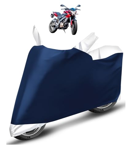 Image of Auto Hub Bike Cover Compatible with Bajaj Pulsar 220 with Mirror Pocket, Dustproof, Heat Resistant, Triple Stitched, Pulsar 220 Bike Cover- Navy, Silver