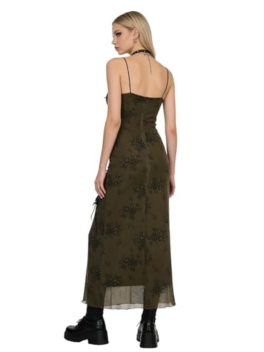 Image of Women Vintage Floral Print Spaghetti Strap Maxi Dress Dark Gothic Sheer Mesh Sleeveless Bodycon Dresses for Party Club