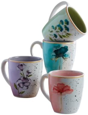 Corona Mugs set of 4 | Perfect for Coffee and Tea Lovers | Armonia | 13.4 Oz -380cc |Cerámica| Hand painted & romantic design| Multicolored Decor