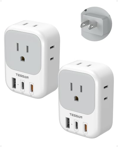 TESSAN US to Japan Plug Adapter PD 20W 2 Pack 2 Prong to 3 Prong Outlet Adapter with 4 Outlets and 3 USB (2 USB-C) Power Adaptor US to Japan China Mexico Philippines Canada Peru Thailand Vietnam