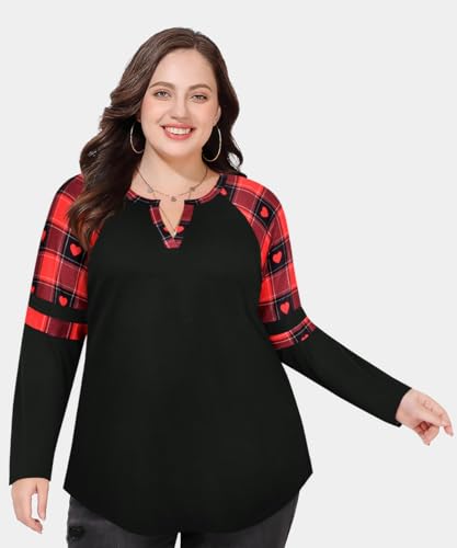 Image of CARCOS Plus Size Tops for Women Long Sleeve Fall Tunic Color Block Camo /Plaid /Leopard /Fall Blouse Crewneck Tshirt XL-5XL