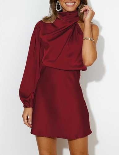 Women's Satin Long Sleeve One Shoulder Mini Dress Silk One Sleeve Turtle Neck Cut Out Cocktail Short Dress for Women - Image 5