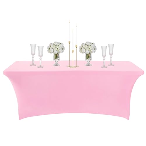 COSORO Mantel Mesa Rectangular de Spandex Elastico,4 Pies Rosa Mantel Antimanchas Impermeable Duradero Lavable,para Cubre Mesas Bodas Bares Artesanías Exposiciones,Comedor,Cocina,Fiestas Cumpleaños