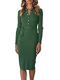 ORANDESIGNE Strickkleider Damen Pulloverkleid Elegante Pullover V-Ausschnitt Winterkleid Pulli Minikleid Winter Langarm Pullikleid mit Knöpfen A-Grün XL
