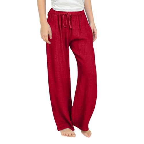 Girls Linen Pants Teen Casual Summer Trousers Lightweight Loose Fit Elastic Waist Comfortable Long Solid Plus