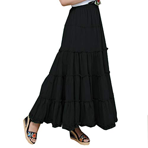 Saukiee Women's Bohemian Elastic Waist Long Skirt Cotton Circle Ruffle Broomstick Peasant Maxi Tiered Skirts3
