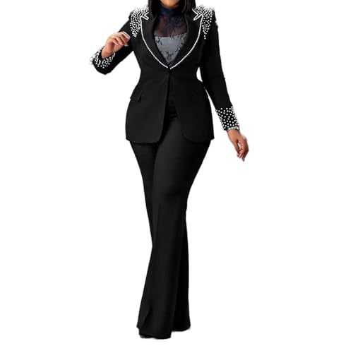 Womens Suit Sets Elegant Pearls Mother of The Bride Dresses Vintage One Button Pocket Blazer Flare Pants Prom Party - Main Image