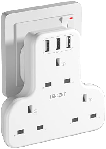 3 Way Plug Extension with 3 USB Ports, LENCENT Wall Socket Power Extender Adaptor for Household Appliances,iPhone, Smartphone Tablets, Ideal for Home Office Bedroom, 13A 3250W