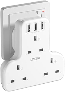 3 Way Plug Extension with 3 USB Ports, LENCENT Wall Socket Power Extender Adaptor for Household Appliances,iPhone, Smartphone Tablets, Ideal for Home Office Bedroom, 13A 3250W
