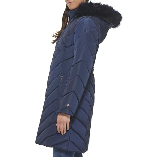 Tommy Hilfiger Women's Faux Fur Trimmed Long Puffer Navy X-Small2