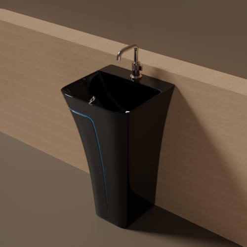 Image of Pedestal Wash Basin, Ceramic One Piece Wash Basin for Bathroom & Living Room, Modern Home Wash Basin with Glossy White Finish (L15XW15.8XH35 Inch) (Black + T. Blue Line)