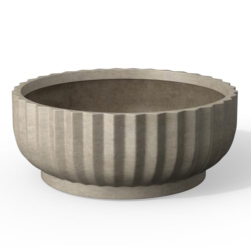 Kante Round Fulted Bowl Planter 14.6 Inch Dia Large Concrete Flower Pots with Drainage Hole and Rubber Plug Suitable for for Indoor Outdoor Plants Home Patio Garden Weathered Concrete