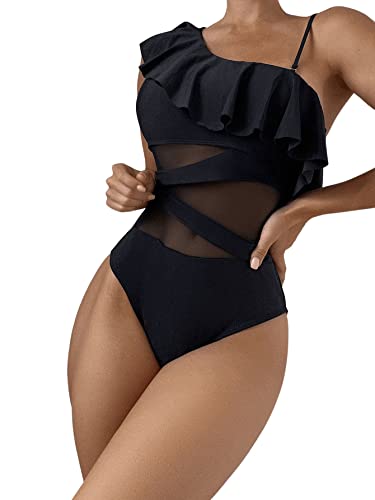 GORGLITTER Mesh Badeanzug Damen Einschulterfrei Swimwear Einteilige...