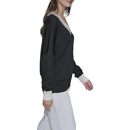 KARL LAGERFELD Women's V-Neck Sweater with Contrast Ribbed Trim and Long Sleeves3